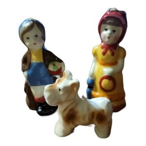 Vtg 3 Mini Christmas Candle Figurines Boy Girl Dog Scottish Terrier Family